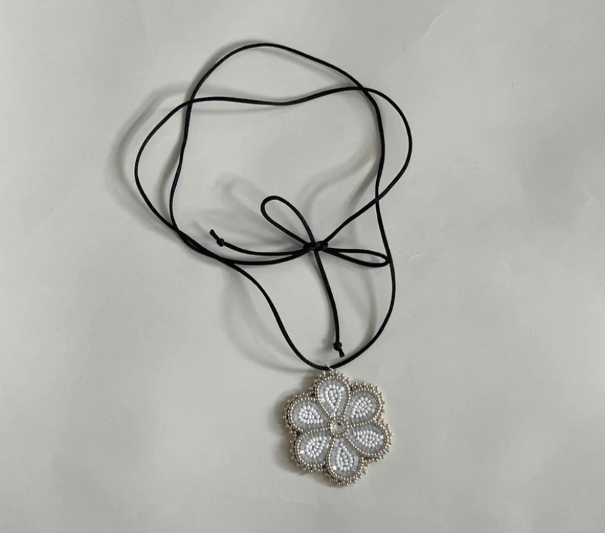 Beaded Flower Tie Necklace