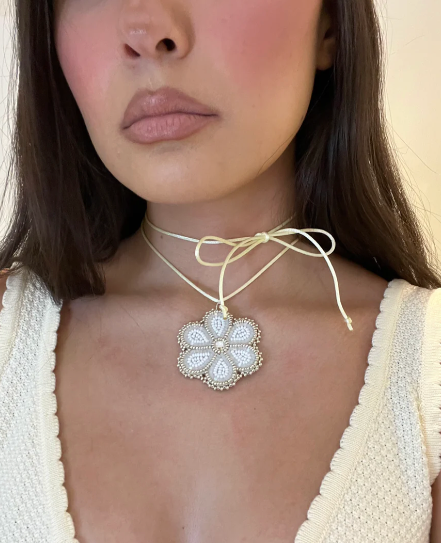 Beaded Flower Tie Necklace